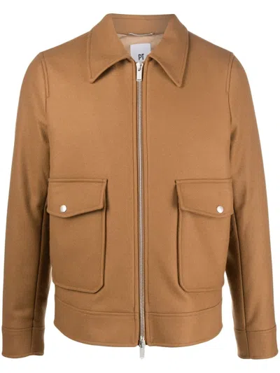 Pt Torino Zipped Long-sleeved Shirt Jacket In Brown
