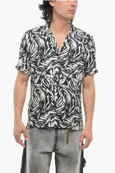 Pt01 Plant Patterned Viscose Bowling Shirt In Bianco