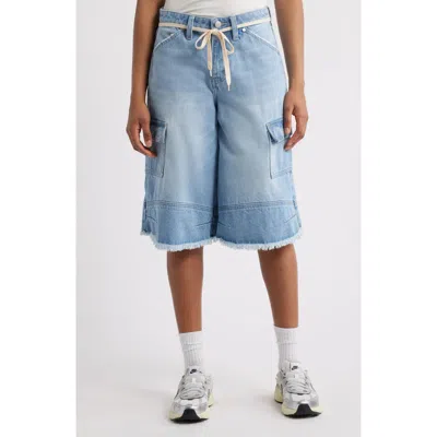 Ptcl Cascade Drawstring Cargo Denim Bermuda Shorts In Light Indigo