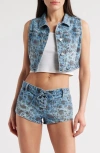 Ptcl Fae Floral Print Crop Denim Vest In Indigo