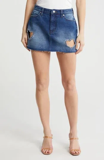 Ptcl Heart Cutout Rhinestone Denim Miniskirt In Medium Blue Wash
