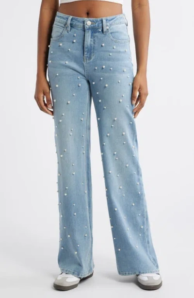 Ptcl High Waist Faux Pearl Flare Leg Jeans In Indigo