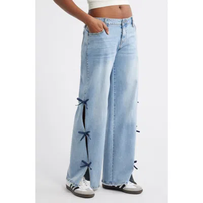 Ptcl Low Rise Bow Side Slit Wide Leg Jeans In Indigo