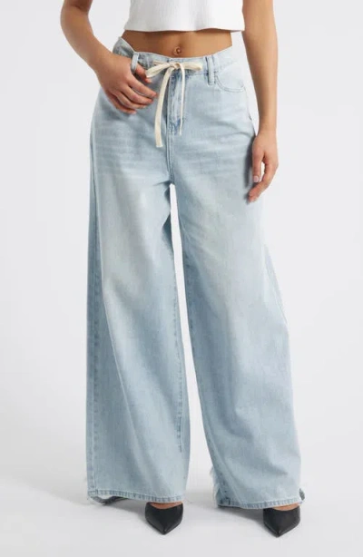 Ptcl Lyla Tie High Waist Waist Fray Hem Wide Leg Jeans In Light Indigo