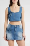 Ptcl Raya 3d Floral Crop Denim Top In Indigo
