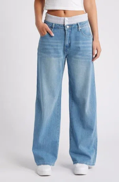 Ptcl Super High Waist French Terry Trim Nonstretch Wide Leg Jeans In Light Indigo
