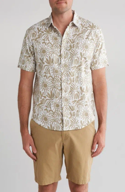 Pto Island Print Short Sleeve Linen Blend Shirt In White