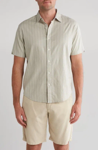 Pto Island Stripe Short Sleeve Linen Blend Shirt In Tan