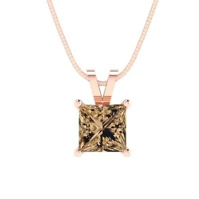 Pre-owned Pucci 0.50 Ct Princess Cut Champagne Vvs1 Cz Pendant Necklace 16" Chain 14k Pink Gold