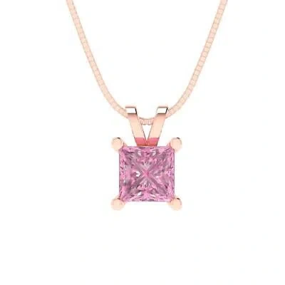 Pre-owned Pucci 0.50 Ct Princess Cut Cz Pink Pendant Necklace 16" Chain 14k Rose Pink Gold
