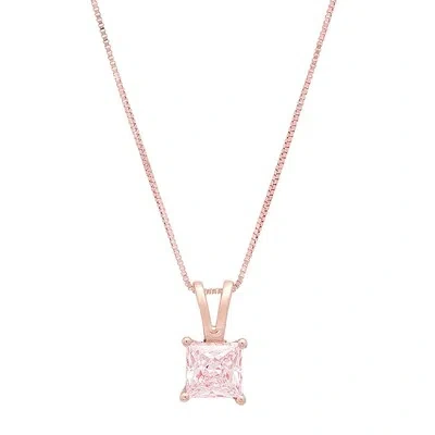 Pre-owned Pucci 0.50 Ct Princess Cut Pink Simulated Pendant 16" Chain Real 14k Solid Rose Gold