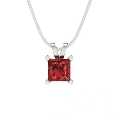 Pre-owned Pucci 0.50ct Princess Cut Natural Red Garnet Pendant Necklace 18" Chain 14k White Gold
