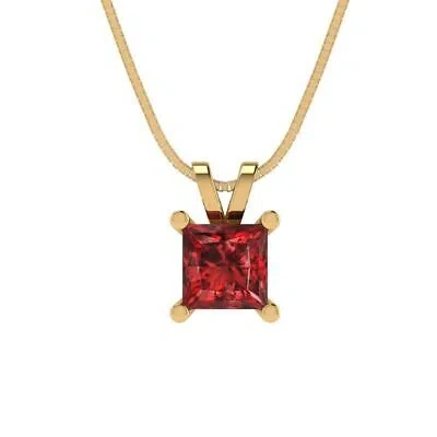 Pre-owned Pucci 0.5ct Princess Cut Natural Red Garnet Pendant Necklace 18" Chain 14k Yellow Gold