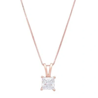 Pre-owned Pucci 0.8ct Princess Simulated Solitaire Pendant Necklace 14k Rose Gold + 16" Chain In D
