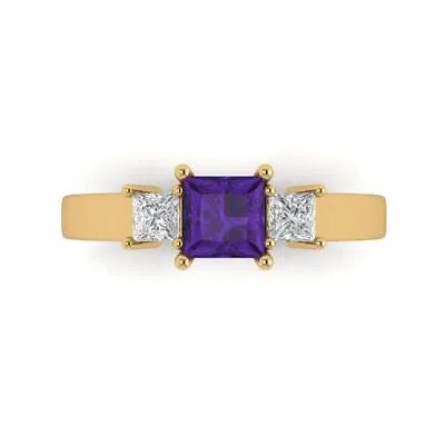 Pre-owned Pucci 0.95 Princess 3 Stone Real Amethyst Modern Statement Ring Solid 14k Yellow Gold