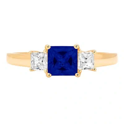 Pre-owned Pucci 0.95 Princess 3 Stone Simulated Blue Sapphire Promise Ring 14k Yellow Solid Gold In D