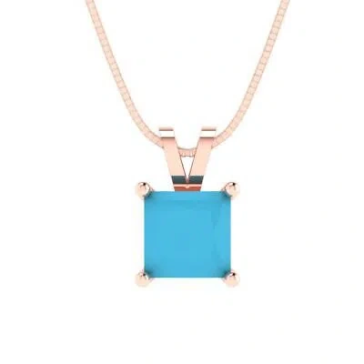 Pre-owned Pucci 1 Ct Princess Cut Classic Simulated Turquoise Pendant 16" Chain 14k Pink Gold