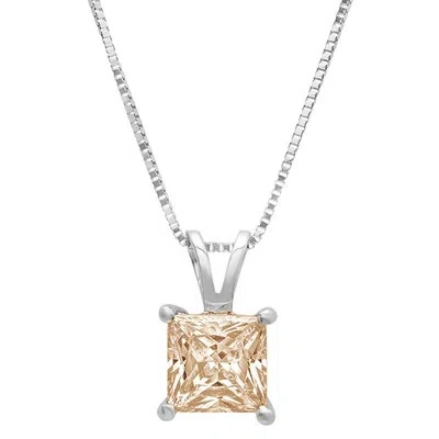 Pre-owned Pucci 1 Ct Princess Champagne Pendant Necklace 16 Gift Box Chain Box 14k White Gold In D