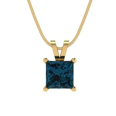 Pre-owned Pucci 1.0 Ct Princess Classic Royal Blue Topaz Pendant 16 Box Chain 14k Yellow Gold