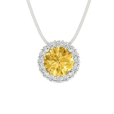 Pre-owned Pucci 1.3 Ct Round Cut Halo Real Citrine Pendant Necklace 18 Box Chain 14k White Gold
