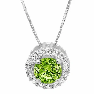 Pre-owned Pucci 1.3 Round Cut Halo Natural Peridot Pendant Necklace 16" Chain 14k White Gold In D