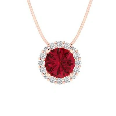 Pre-owned Pucci 1.3 Round Cut Halo Simulated Ruby Pendant Necklace 16" Chain Solid 14k Pink Gold In Red