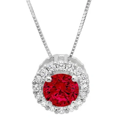 Pre-owned Pucci 1.3 Round Natural Red Garnet Pave Halo Pendant Necklace 16" Chain 14k White Gold