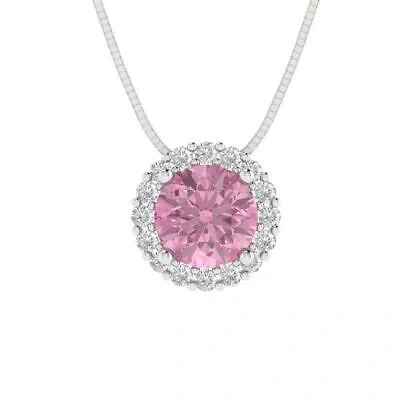 Pre-owned Pucci 1.30ct Round Cut Cz Halo Pink Pendant Necklace 18" Chain Real 14k White Gold