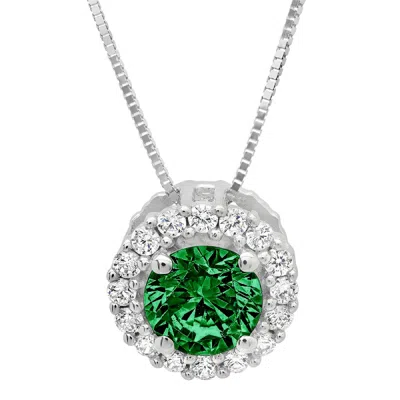 Pre-owned Pucci 1.30ct Round Cut Halo Emerald Simulated Pendant 18" Chain 14k Solid White Gold