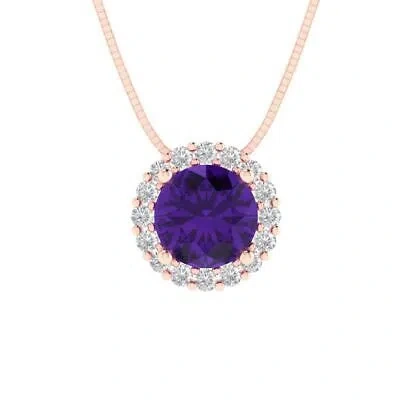 Pre-owned Pucci 1.30ct Round Pave Halo Real Amethyst Pendant Necklace 18" Chain 14k Pink Gold