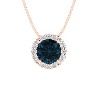 Pre-owned Pucci 1.30ct Round Pave Halo Royal Blue Topaz Pendant Necklace 18" Chain 14k Pink Gold