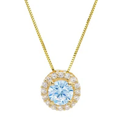 Pre-owned Pucci 1.3ct Round Cut Halo Vvs1 Blue Simulated Pendant 18" Chain 14k Yellow Solid Gold In D