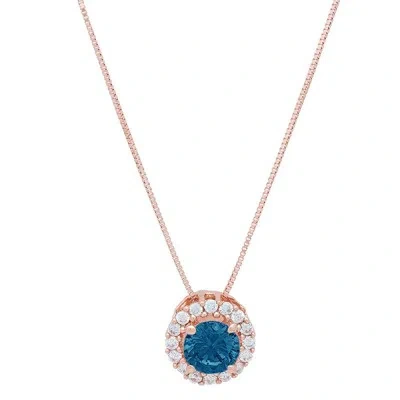 Pre-owned Pucci 1.3ct Round London Blue Topaz Pave Halo Pendant Necklace 16" Chain 14k Rose Gold In D