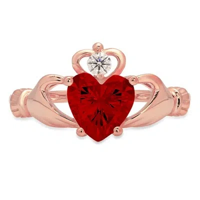 Pre-owned Pucci 1.5 Heart Irish Celtic Real Red Garnet Promise Bridal Wedding Ring 14k Rose Gold