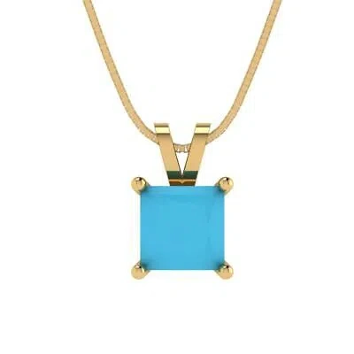 Pre-owned Pucci 1.5 Princess Cut Simulated Turquoise Pendant Necklace 16" Chain 14k Yellow Gold