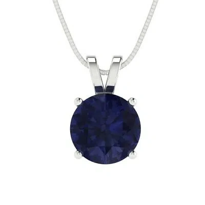 Pre-owned Pucci 1.5 Round Cut Simulated Blue Sapphire Pendant Necklace 16" Chain 14k White Gold