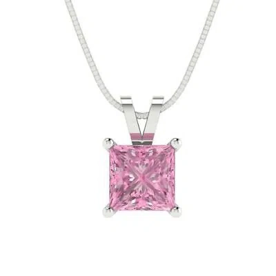 Pre-owned Pucci 1.50 Ct Princess Cut Cz Pink Pendant Necklace 18" Chain Real 14k White Gold