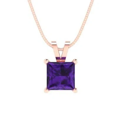 Pre-owned Pucci 1.50 Ct Princess Cut Vvs1 Real Amethyst Pendant Necklace 18" Chain 14k Pink Gold