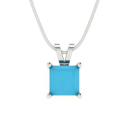 Pre-owned Pucci 1.50 Princess Cut Simulated Turquoise Pendant Necklace 18" Chain 14k White Gold