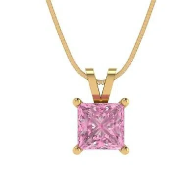 Pre-owned Pucci 1.50ct Princess Cut Cz Pink Pendant Necklace 16" Chain Real 14k Yellow Gold