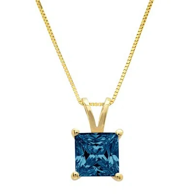 Pre-owned Pucci 1.50ct Princess Cut London Blue Topaz Pendant Necklace 16" Chain 14k Yellow Gold In D