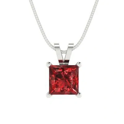 Pre-owned Pucci 1.50ct Princess Cut Natural Red Garnet Pendant Necklace 16" Chain 14k White Gold