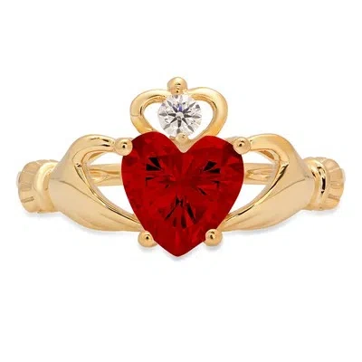 Pre-owned Pucci 1.55 Ct Heart Irish Celtic Claddagh Red Garnet Modern Ring Solid 14k Yellow Gold