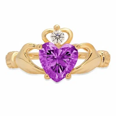 Pre-owned Pucci 1.55 Heart Irish Celtic Claddagh Alexandrite Stone Promise Ring 14k Yellow Gold In Purple