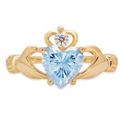 Pre-owned Pucci 1.55 Heart Irish Celtic Claddagh Blue Stone Modern Ring Solid 14k Yellow Gold