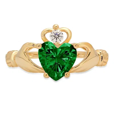Pre-owned Pucci 1.55 Heart Irish Celtic Claddagh Simulated Emerald Promise Ring 14k Yellow Gold In Green
