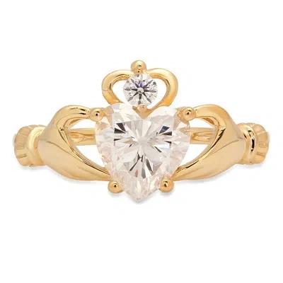 Pre-owned Pucci 1.55 Heart Simulated Diamond Irish Celtic Claddagh Classic Ring 14k Yellow Gold
