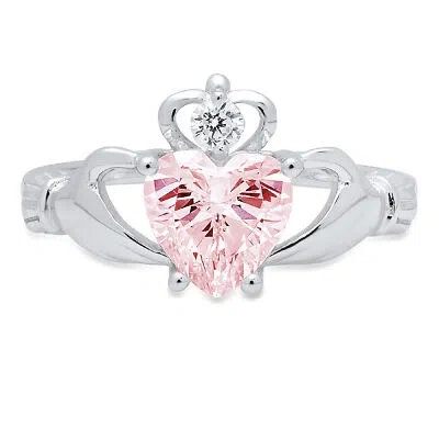 Pre-owned Pucci 1.55 Irish Celtic Claddagh Simulated Pink Diamond Promise Ring 14k White Gold