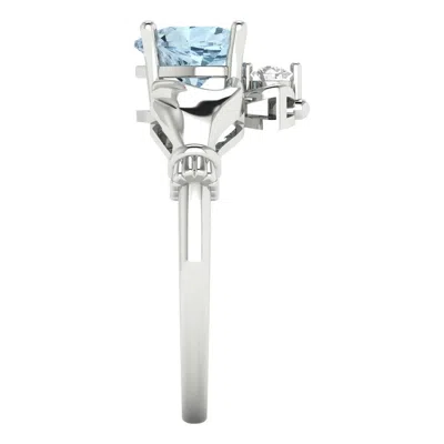 Pre-owned Pucci 1.55 Irish Celtic Claddagh Real Aquamarine Classic Designer Ring 14k White Gold