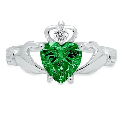 Pre-owned Pucci 1.55 Irish Celtic Claddagh Simulated Emerald Promise Wedding Ring 14k White Gold In Green